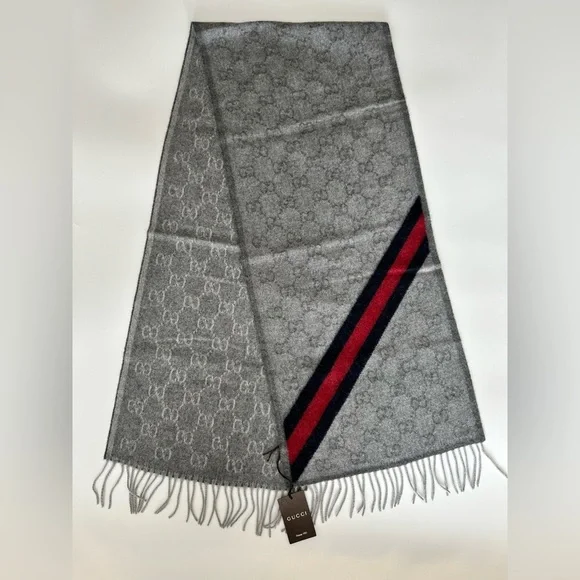 New With Tags Gucci Nikky Wool Alpaca Monogram Web light Gray Scarf Shawl Fringe - Picture 2 of 12